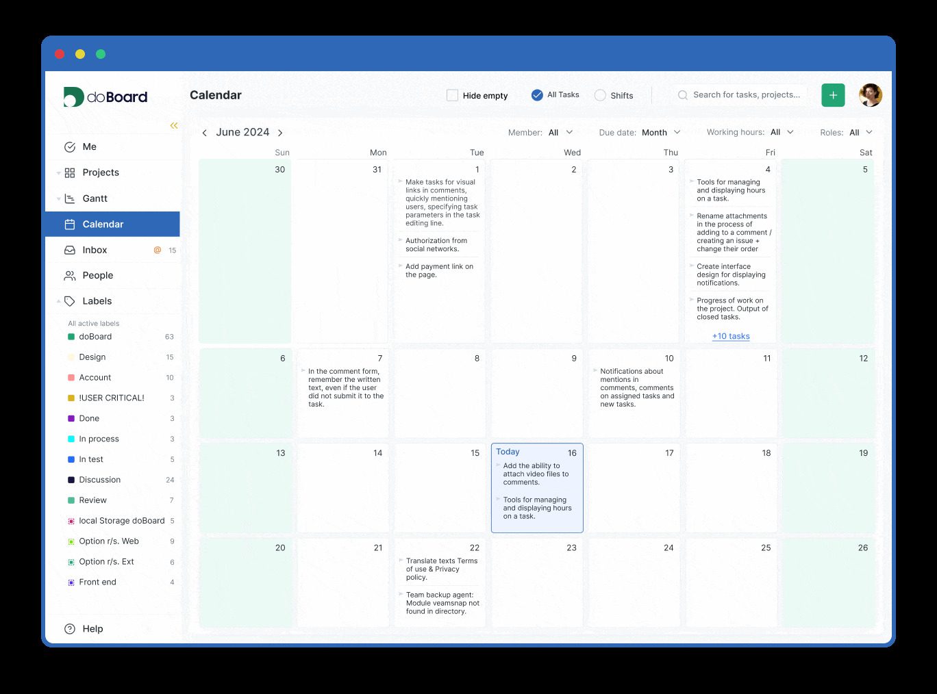 doBoard calendar view showing recurring SEO tasks