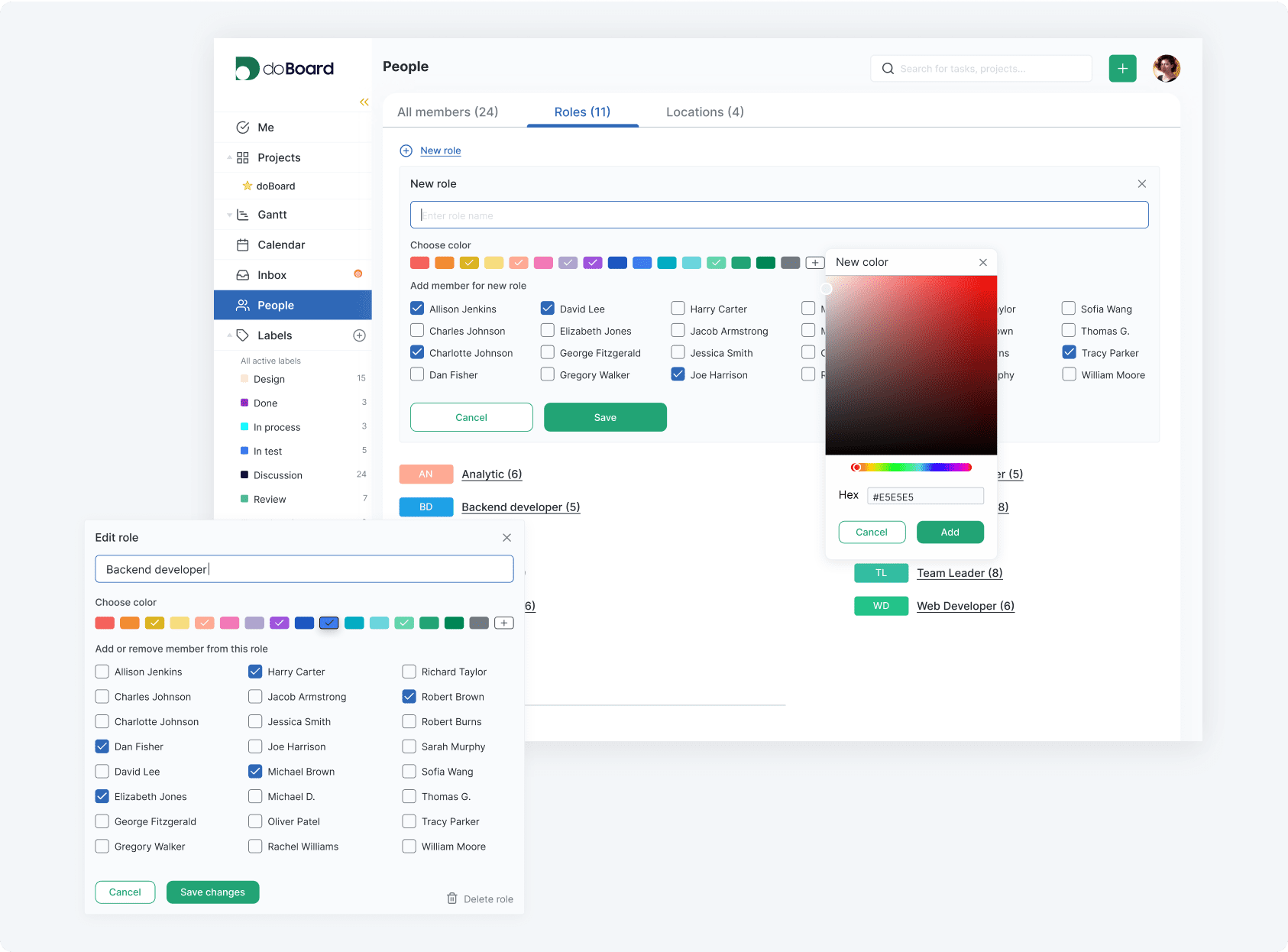 doBoard project management software showing team role management with user assignments, role colors, and role-based access groups doBoard project management software showing team role management with user assignments, role colors, and role-based access groups