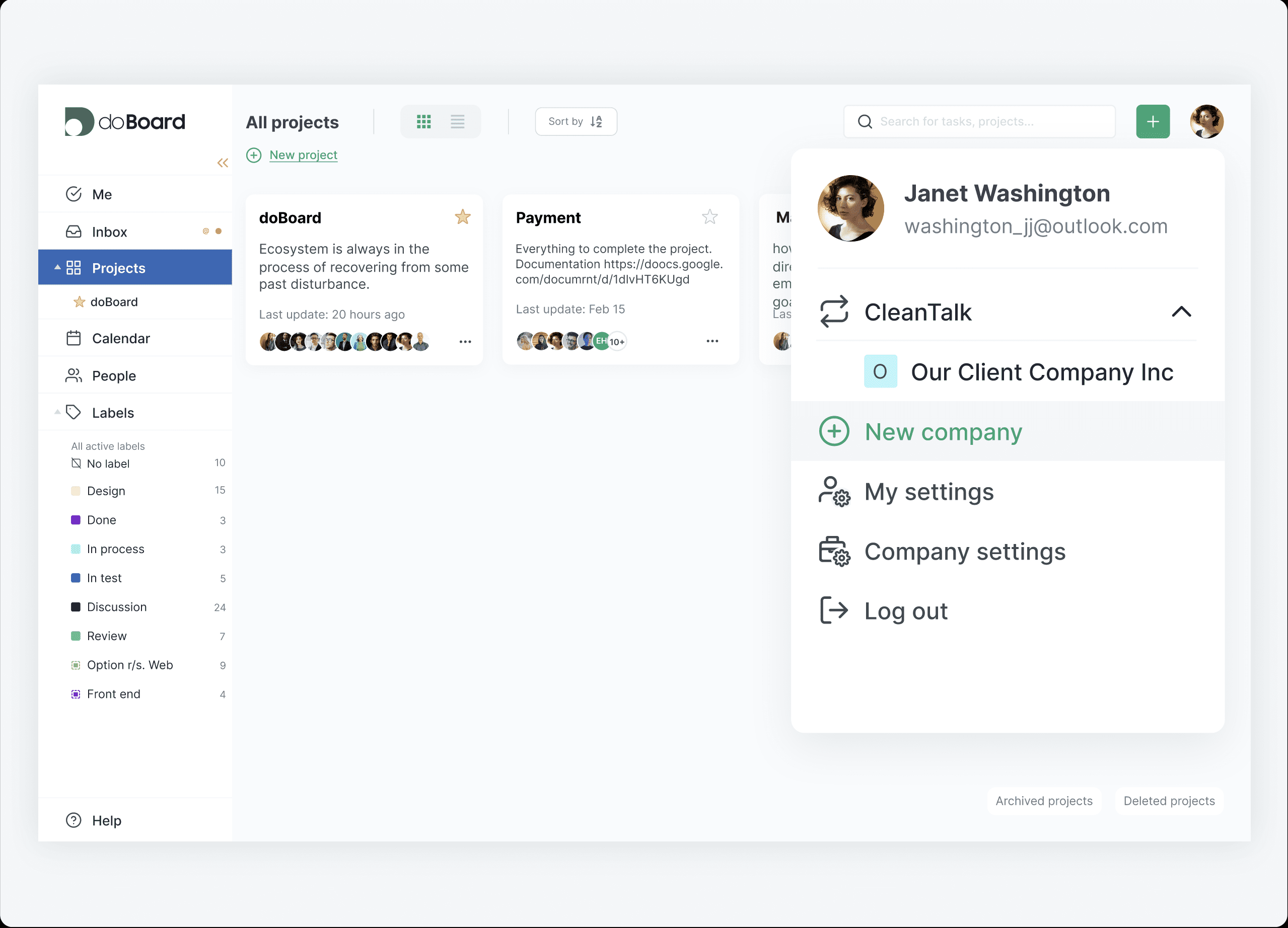 doBoard project management interface showing the company switcher for creating separate company workspaces to organize client projects, users, and access doBoard project management interface showing the company switcher for creating separate company workspaces to organize client projects, users, and access
