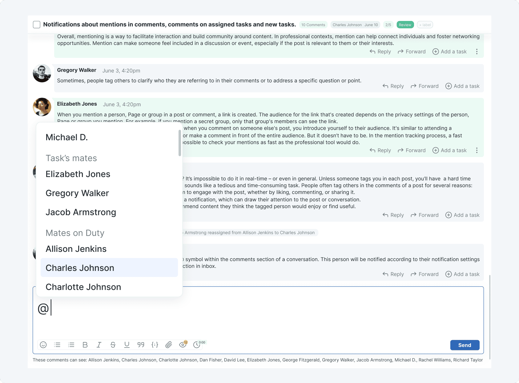 doBoard project management software showing @mentions in task comments with teammate suggestions and mates on duty doBoard project management software showing @mentions in task comments with teammate suggestions and mates on duty
