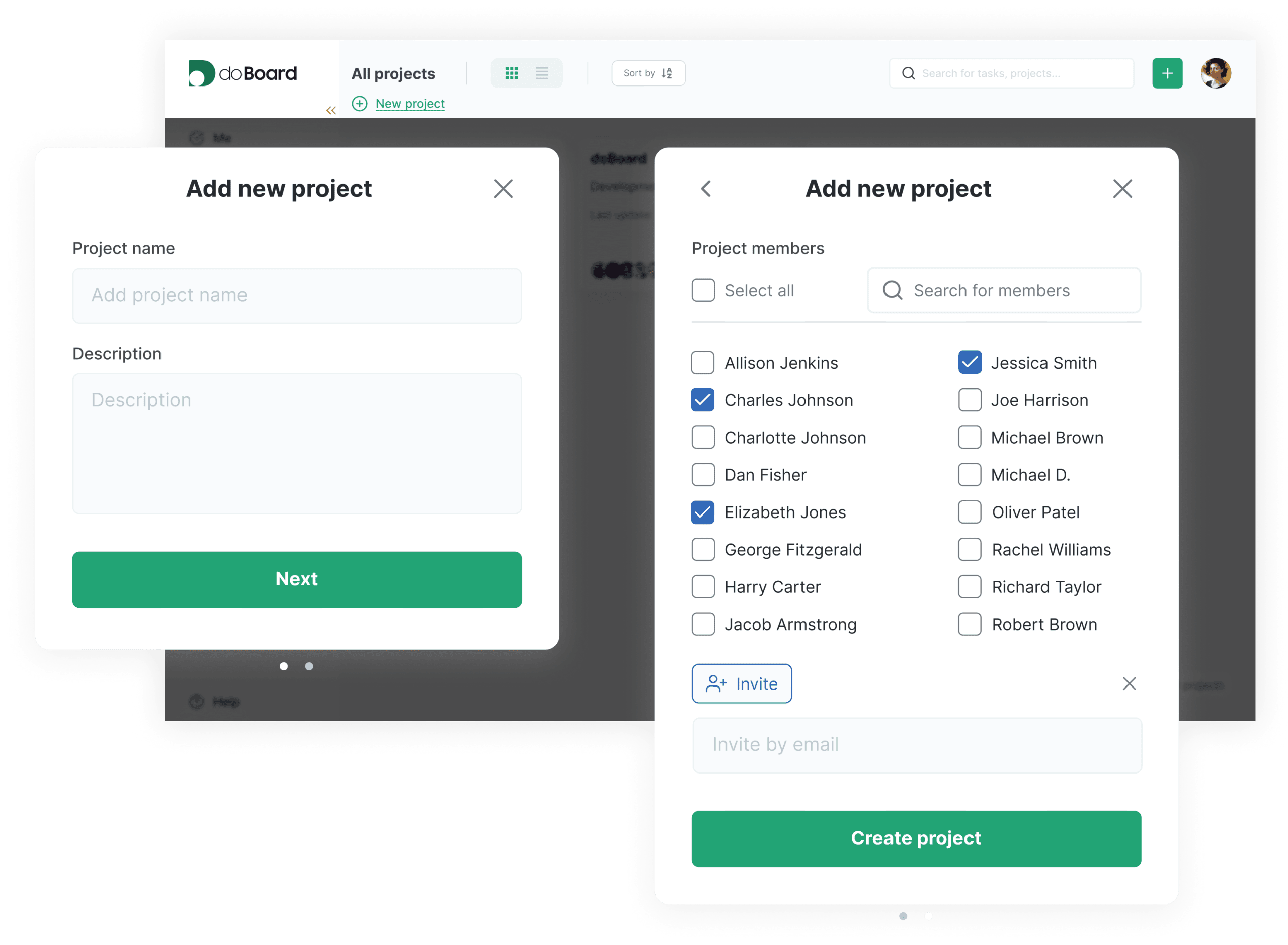 doBoard project setup screen showing how to create a new project, add a project description, select project members, and invite teammates doBoard project setup screen showing how to create a new project, add a project description, select project members, and invite teammates