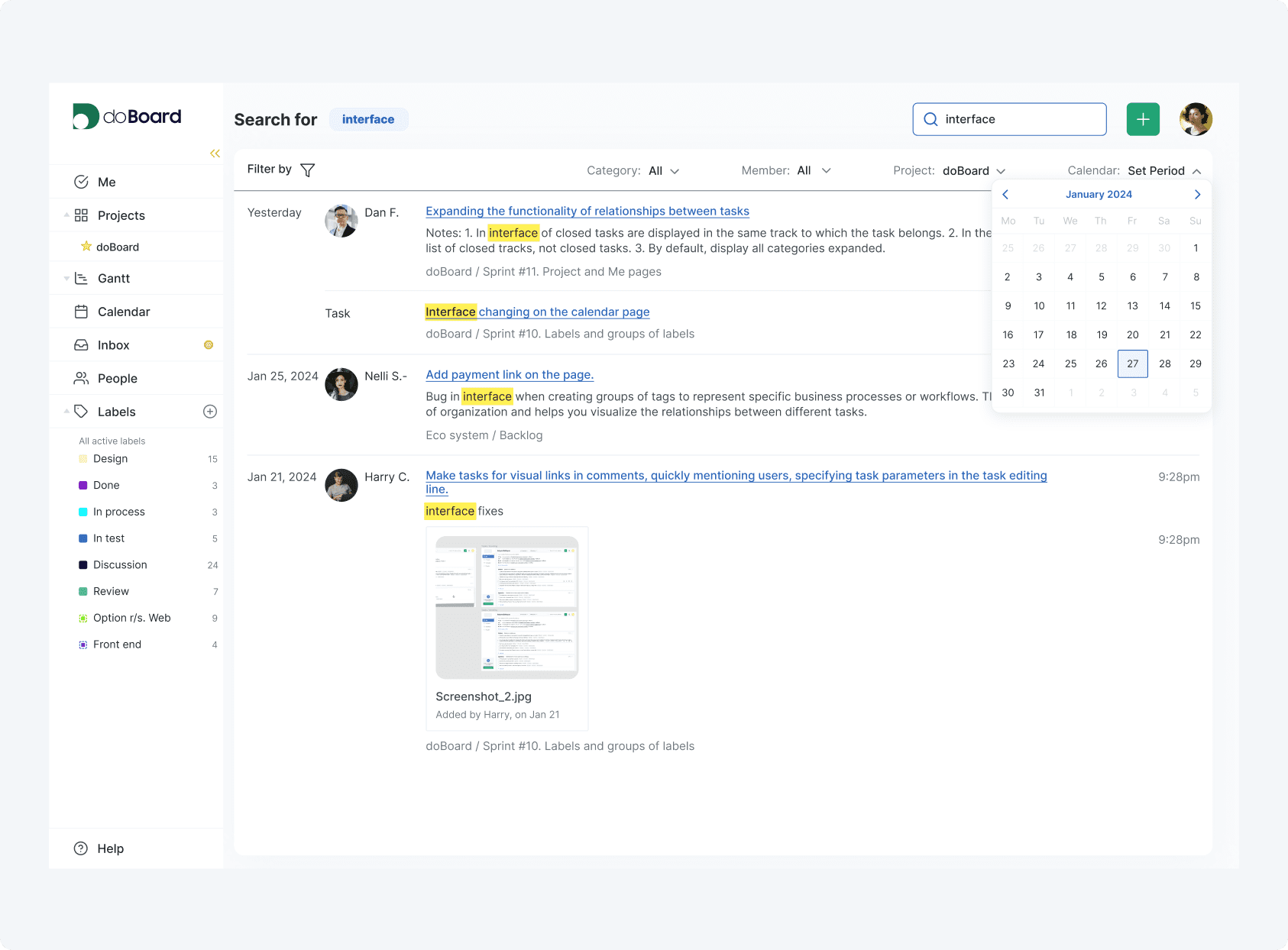 doBoard project management software search results showing task search with highlighted keywords, project filters, member filters, and date filtering doBoard project management software search results showing task search with highlighted keywords, project filters, member filters, and date filtering