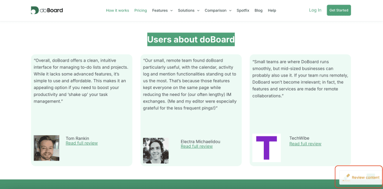 A web page with the heading Users about doBoard highlighted and the Spotfix Review content button in the bottom-right corner