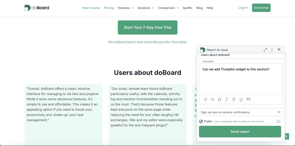 Spot created — in-context website feedback request captured and ready to resolve