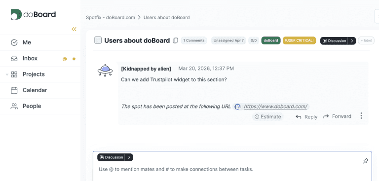 The same comment as a task in doBoard, with the page URL and the Reply and Forward buttons