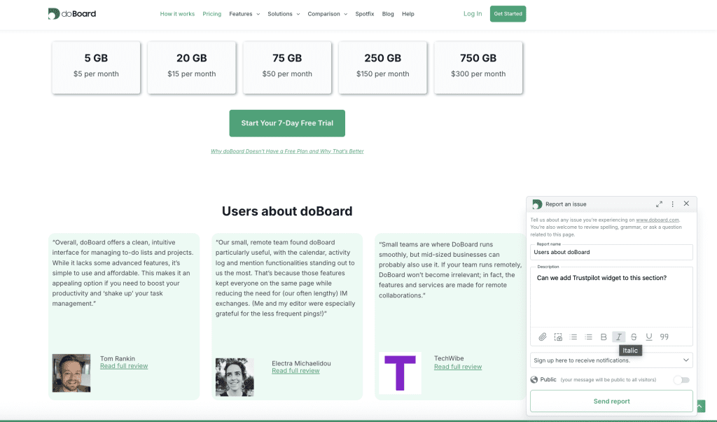 User highlighting text on a website to submit in-page feedback with Spotfix. A pop-up window shows options to add a comment or attach a file and screenshot.