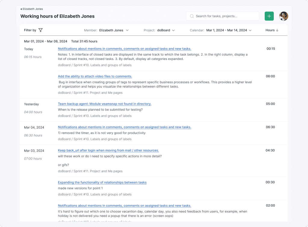 doBoard PM Tool Interface - Easy Built-In Time Tracking for Each Team Member. No Add-Ons Needed.