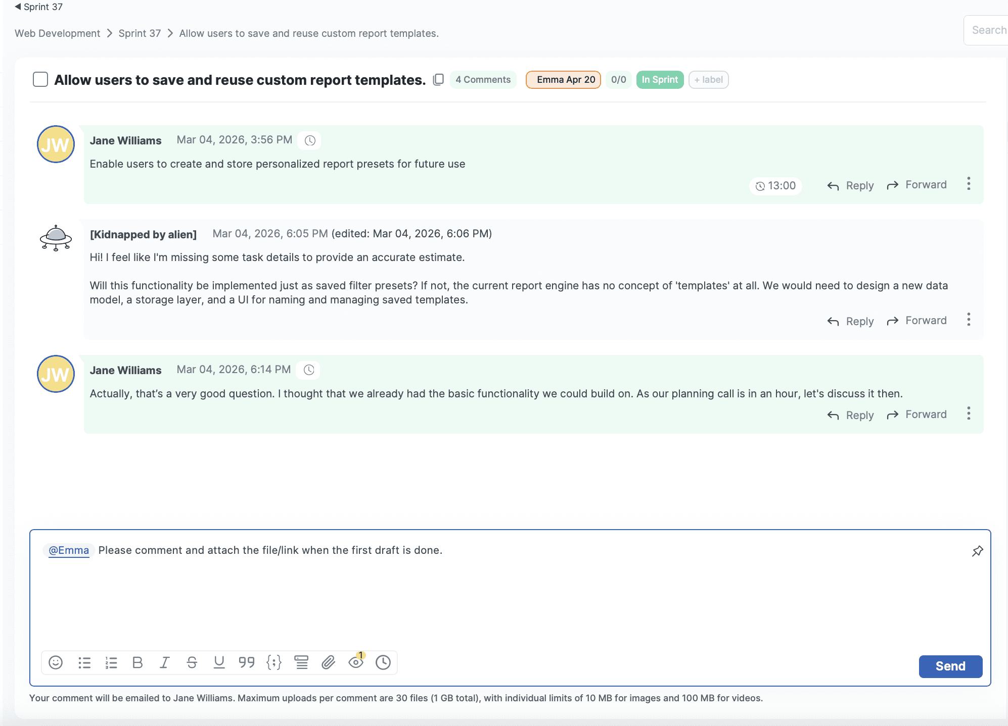 Screenshot 2026-05-19 at 21.05.38 doBoard task comments showing task discussion, teammate replies, @mentions, time entries, and comment history inside a task
