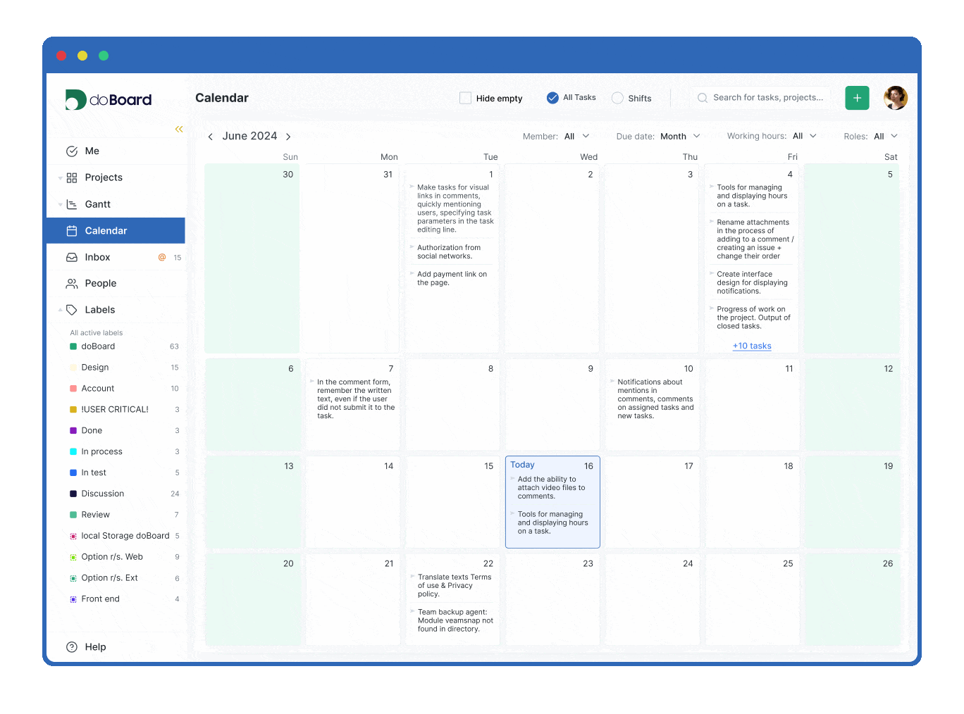 doBoard task calendar and team calendar with planned tasks by day, teammate available hours, working shifts, and team availability as a Basecamp alternative with built-in capacity and workload planning