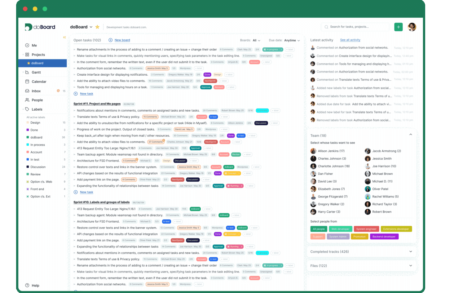 doBoard workspace with task lists, labels, assignees, latest activity, and the team panel