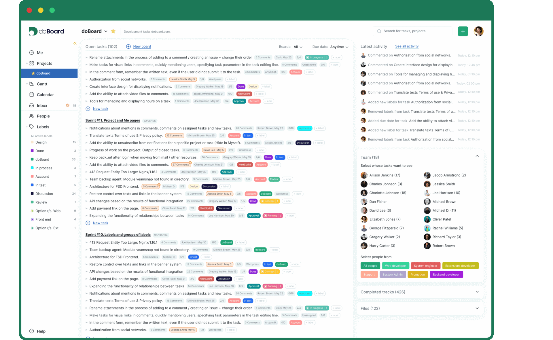 doBoard project management dashboard showing sprint boards, task lists with custom labels and assignees as a Basecamp alternative