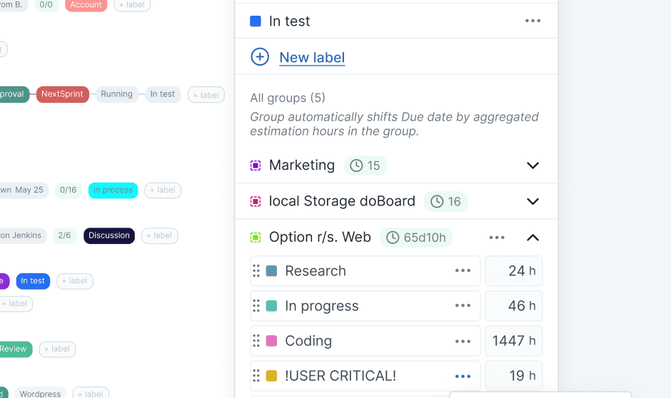 doBoard project management software showing tag group workflow stages with planned hours used to calculate due dates as tasks move through stages doBoard project management software showing tag group workflow stages with planned hours used to calculate due dates as tasks move through stages