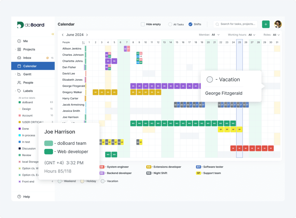 doBoard team calendar showing shifts, working hours, vacations, duty roles, and teammate availability in a project management workspace doBoard team calendar showing shifts, working hours, vacations, duty roles, and teammate availability in a project management workspace