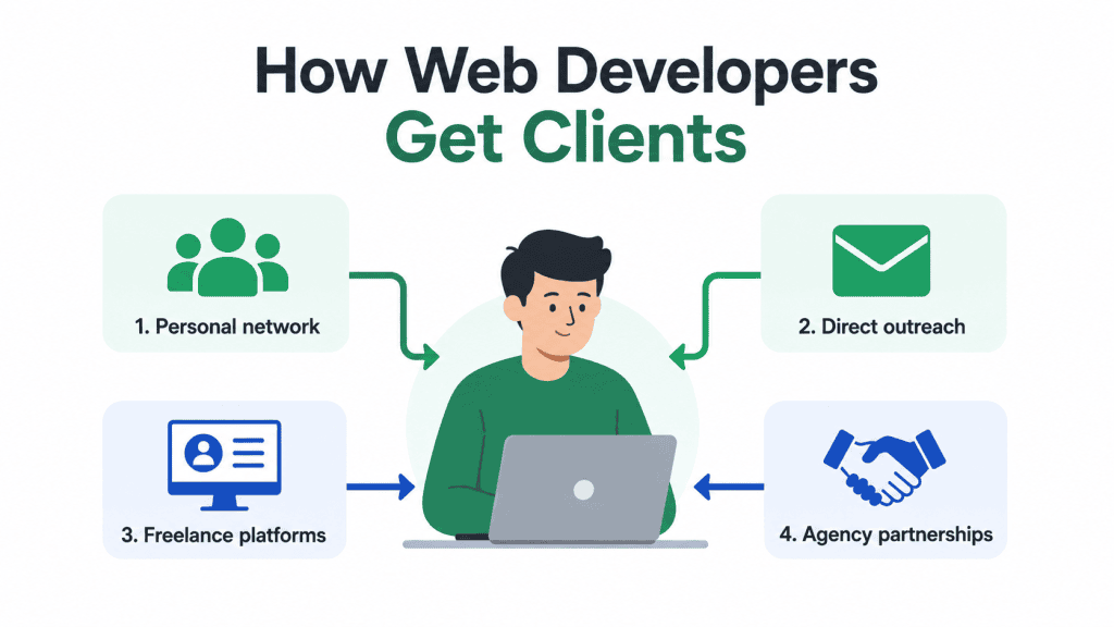 Ways freelance web developers and small agencies get clients through networking, direct outreach, freelance platforms, and agency partnerships.