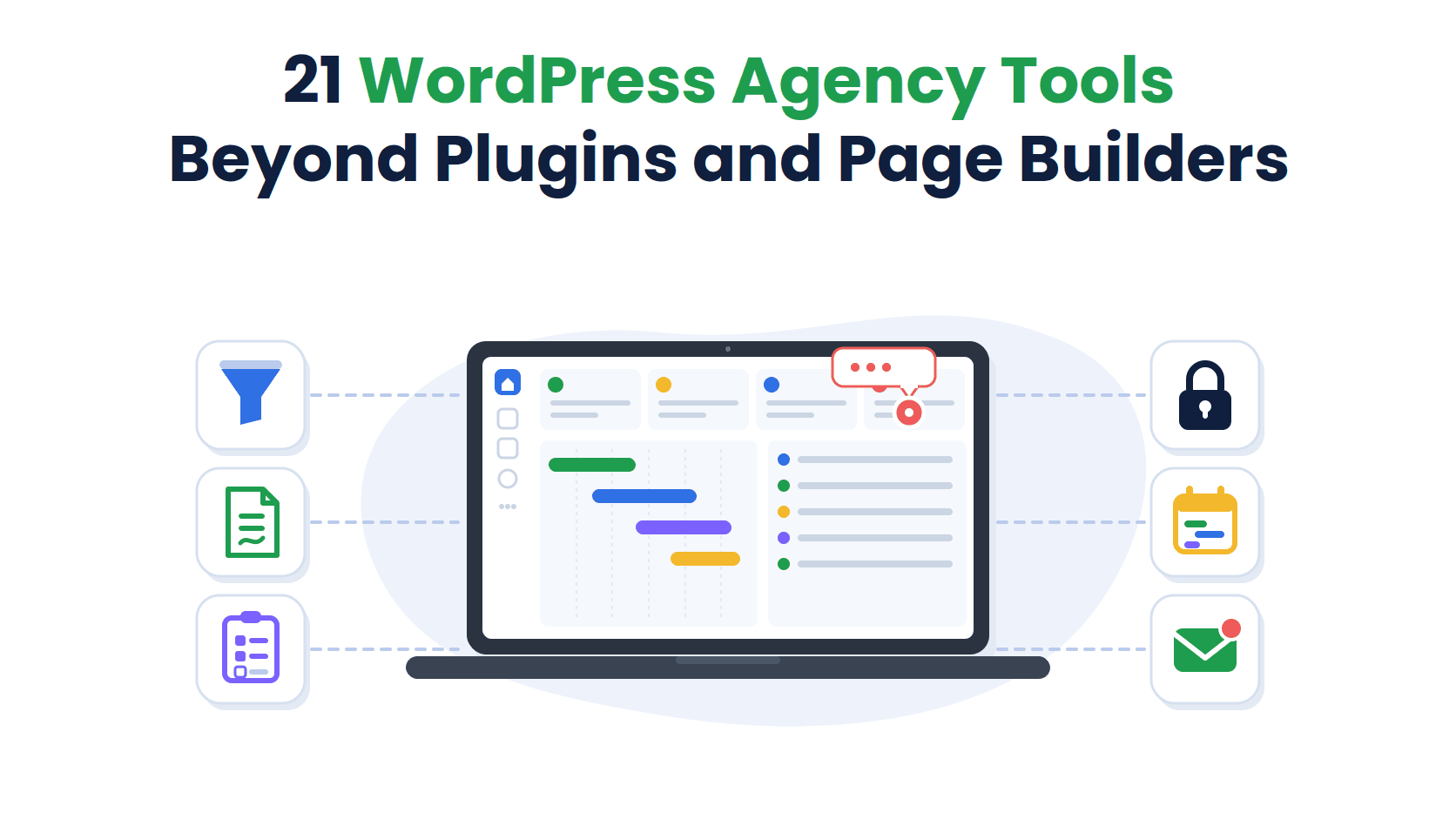 21 WordPress agency tools: laptop with a project board surrounded by CRM, proposal, intake, password, calendar and support icons