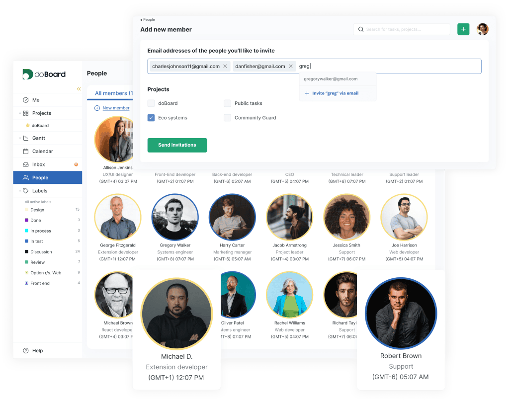 doBoard's interface showing each teammate’s role, time zone, local time.