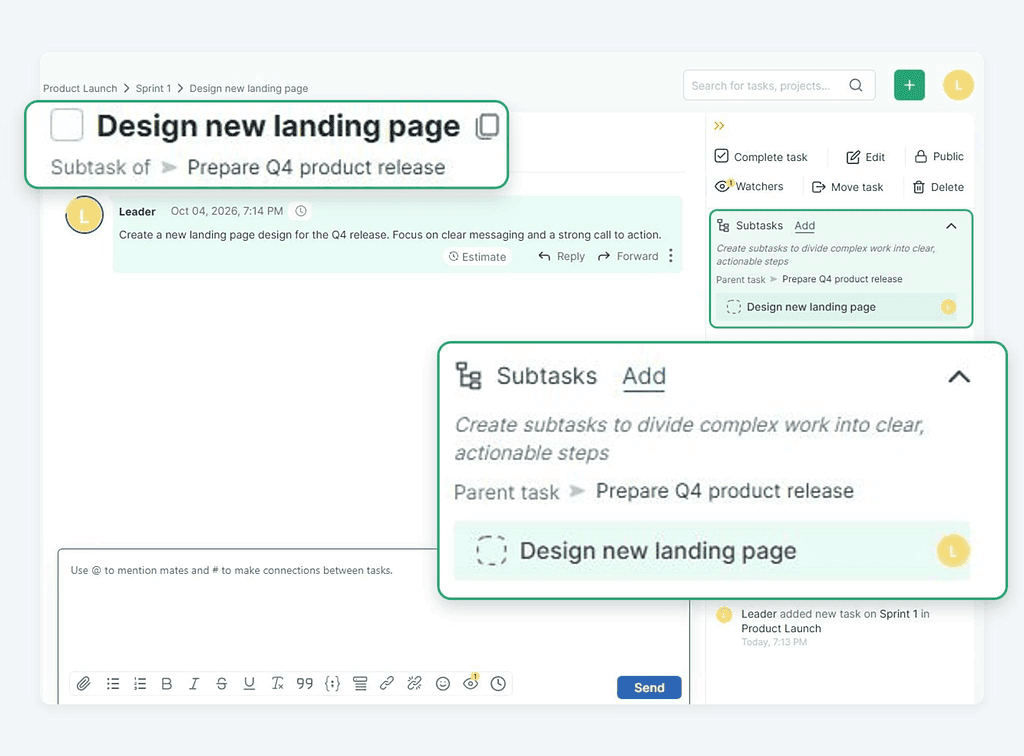 doBoard project management software showing a subtask linked to its parent task and the Subtasks section in the task menu with the task relationship tree